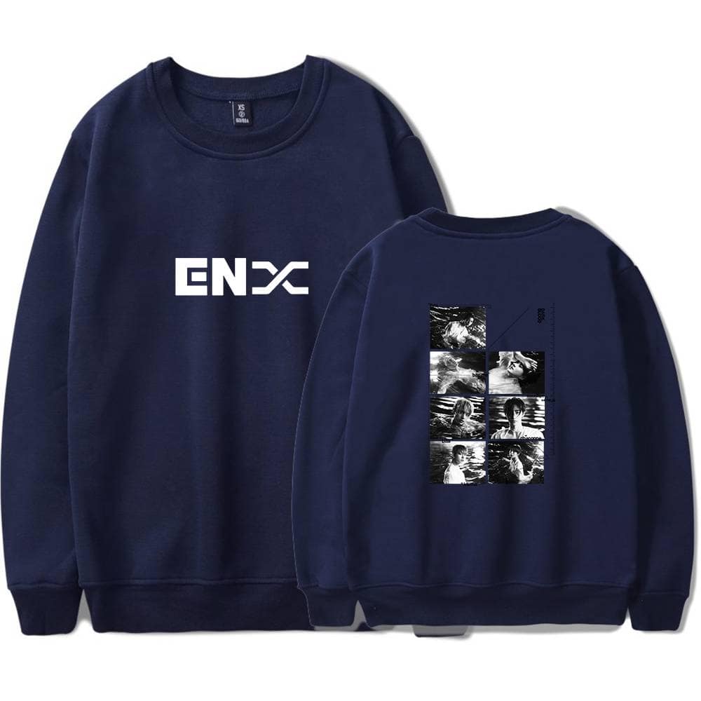 Enyx logo sweatshirt with graphic back design, navy blue color, perfect for gaming fans and streetwear fashion enthusiasts. Featuring a stylish, comfortable fit for casual wear.