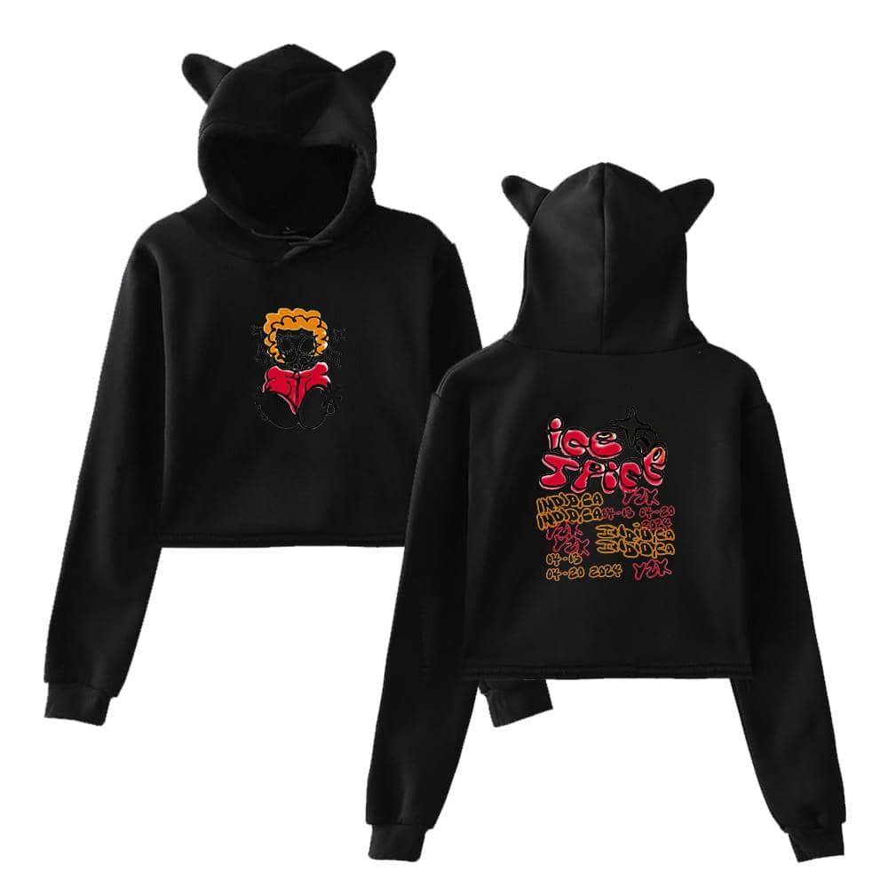 Black hooded sweatshirt with cartoon girl graphic and colorful text designs, featuring playful animal ears on the hood, perfect for streetwear fashion.