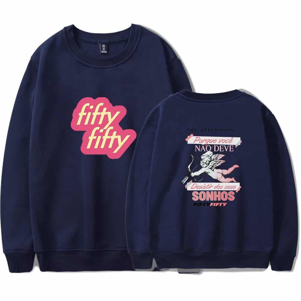 Fifty fifty sweatshirt with pink and yellow graphic design and inspirational quote in Portuguese, navy blue unisex sweatshirt.