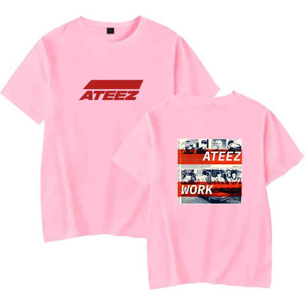 Ateez pink graphic t-shirt featuring bold red logo and collage print design, perfect for fans and casual wear. Unique and stylish merchandise for music enthusiasts.