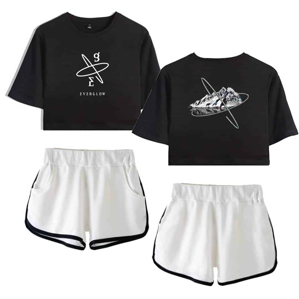 Space-themed cropped t-shirt and shorts set with galaxy and planet designs, perfect for casual wear and athletic activities, featuring black and white color options and modern graphic prints.