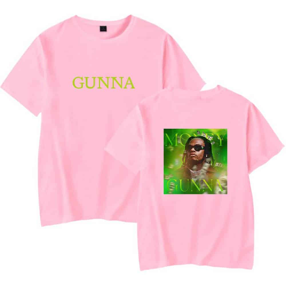 GUNNA pink T-shirt with green text and album artwork featuring music artist Moneybagg Yo, stylish streetwear, and rapper merchandise.