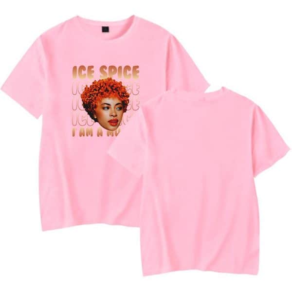 Ice spice graphic t-shirt with a portrait of a woman with curly orange hair and bold makeup, pink background, casual streetwear style.