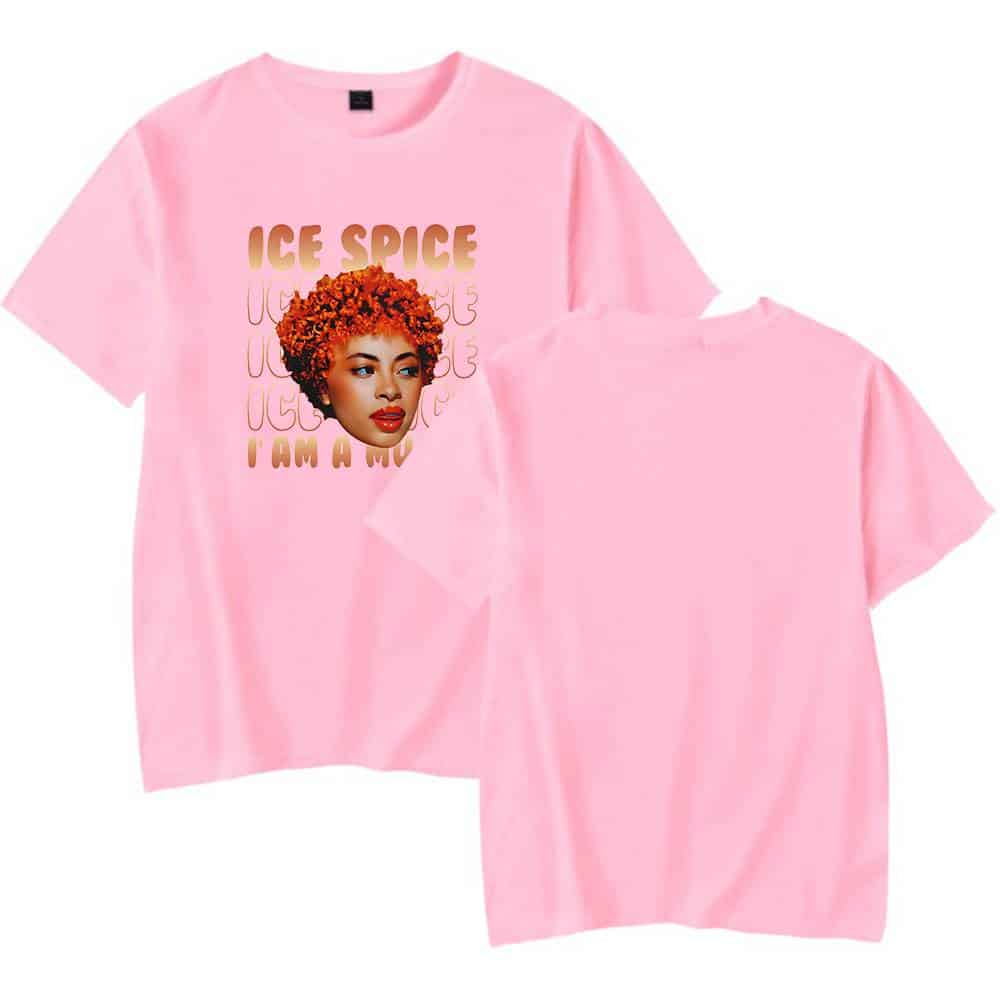 Ice spice graphic t-shirt with a portrait of a woman with curly orange hair and bold makeup, pink background, casual streetwear style.