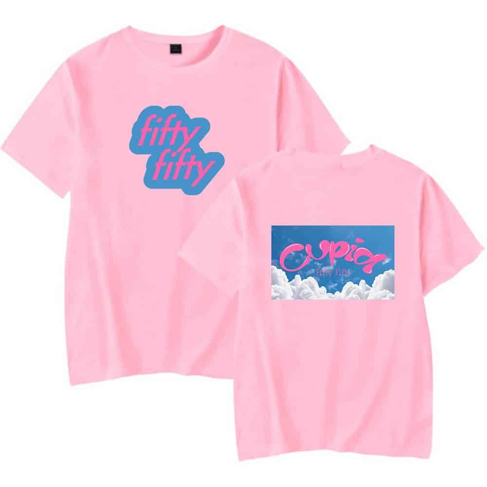 Fifty fifty t-shirt and cupido graphic tee in pink, playful and trendy fashion merchandise, perfect for casual wear and expressing fun, youthful style with vibrant designs.