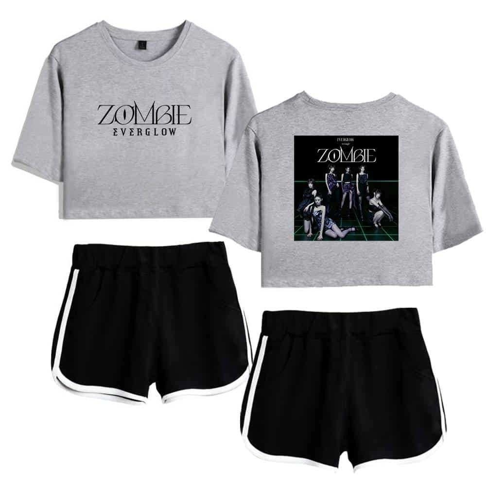 ZOMBIE EVERGLOW oversized cropped t-shirt and graphic print matching shorts, trendy streetwear set, comfortable casual outfit, stylish music band merchandise, modern leisurewear for women.