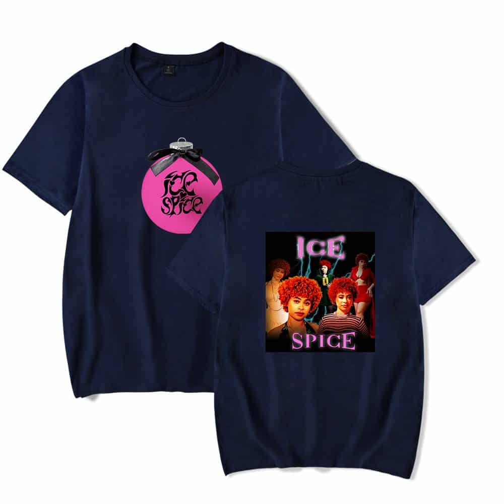 Pink ornament with black ribbon, ICE SPICE logo on t-shirt, graphic design merchandise.
