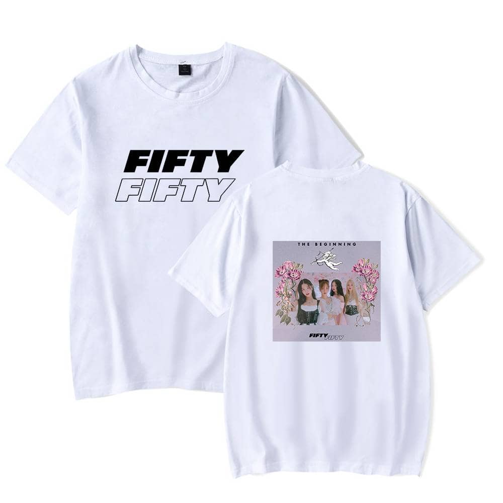 Fifty Fifty graphic t-shirts featuring bold text and a floral and girl group design on a white background. Perfect for fans of the group, stylish casual wear, or merchandise collection.