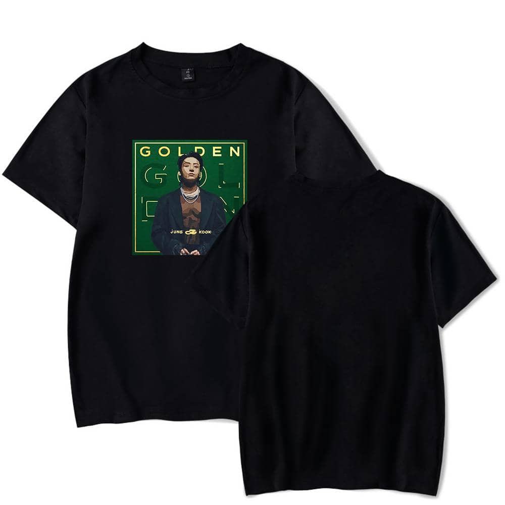 GOLDEN album graphic T-shirt featuring a stylized illustration of Jung Kook from BTS, with a green background and bold yellow lettering, stylish and trendy merchandise for fans.