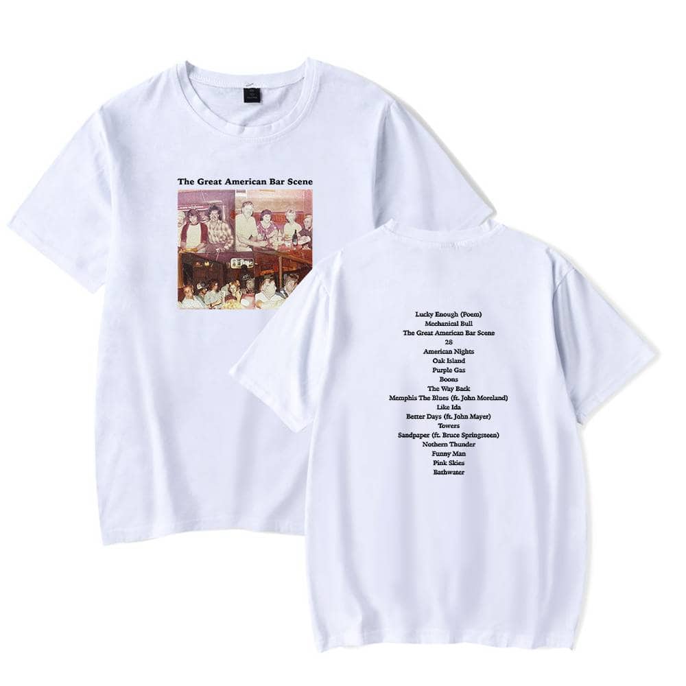 Vintage band scene graphic t-shirt featuring a nostalgic photograph on the front and a list of classic tracks printed on the back, perfect for music lovers.