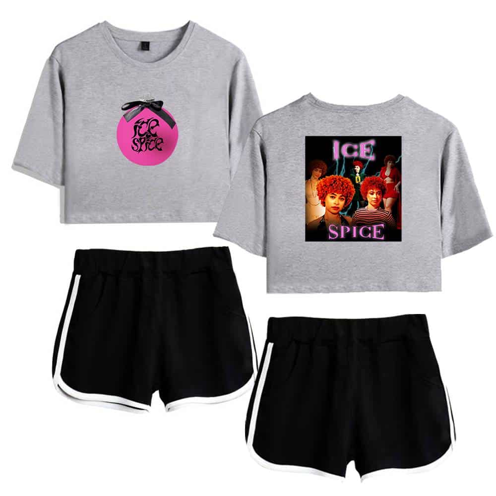 Joy Spice cropped sweatshirt with pink graphic and black bow detail; ICE Spice retro graphic t-shirt with group photo of women with curly hair; casual black shorts with white side stripes.