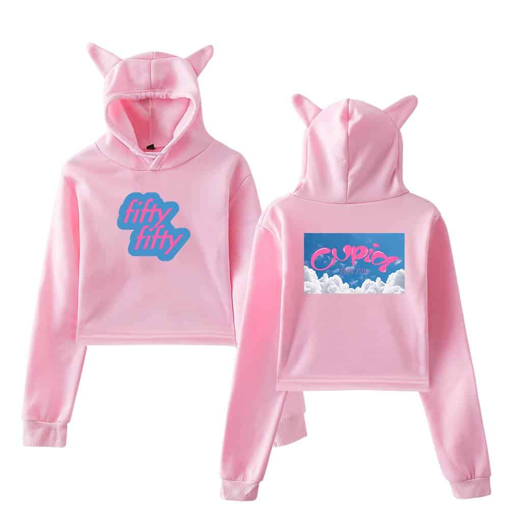 Fifty-fifty pink hoodie with a cat ear hood and graphic print.