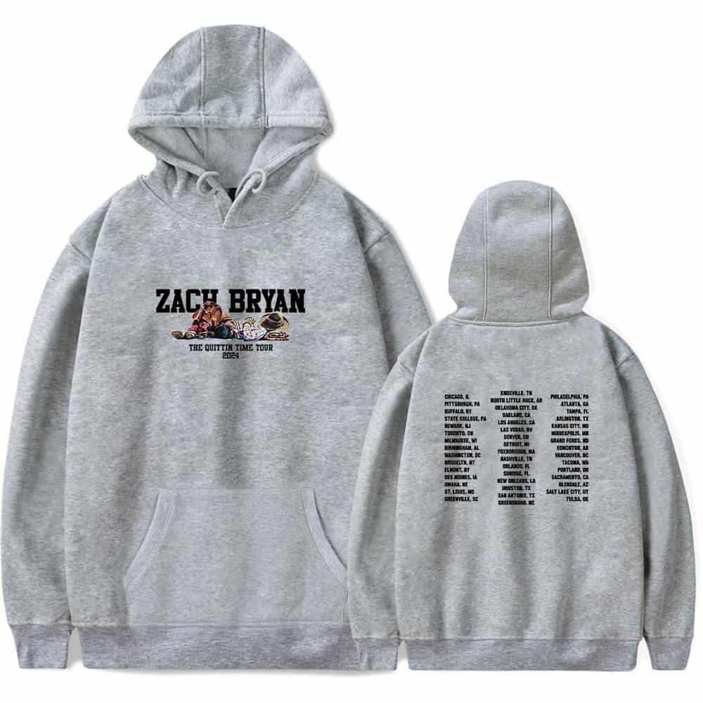 Zach bryan hoodie, gray sweatshirt with tour dates, Zach Bryan merchandise, comfortable unisex hoodie for fans, concert memorabilia, soft fleece material, casual streetwear.