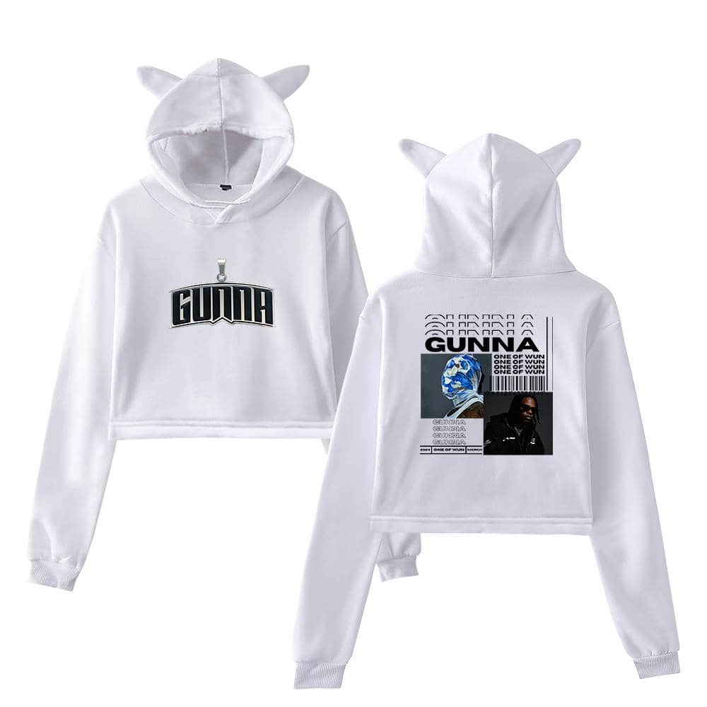 Bright white hoodie set featuring playful 3D animal ears on the hood and bold graphic prints on the front and back, perfect for streetwear fashion.