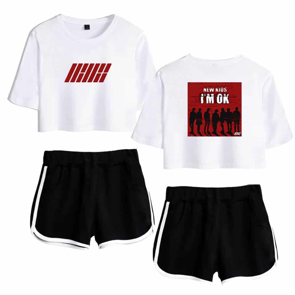 IHHi graphic cropped T-shirt with bold red design and a second T-shirt featuring a red graphic with silhouettes and text "New Kids I'm Ok" paired with black athletic shorts with white trim.
