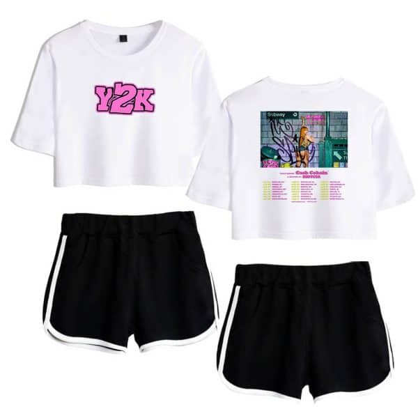 Y2k graphic t-shirt with graffiti design and black athletic shorts with white trim for streetwear lovers.