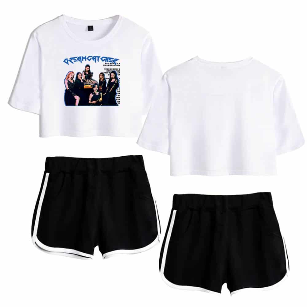 Dreamgate 95 graphic t-shirt and matching black athletic shorts with white side stripes, casual streetwear look, designed for comfort and style, featuring a vibrant graphic print on the front.