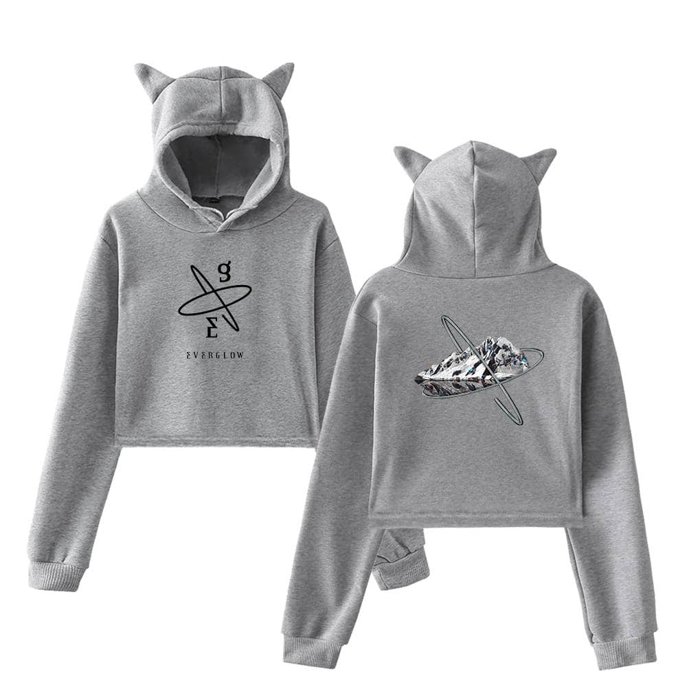 Grey hoodie with cat ears and space-themed designs, featuring the "Everglow" logo and cosmic artwork, trendy and comfortable for casual wear.