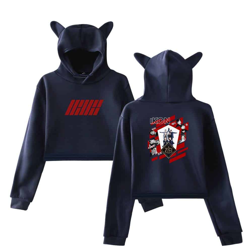 IHGH black hoodie with cat ears and front logo design, stylish and cozy merchandise for fans.