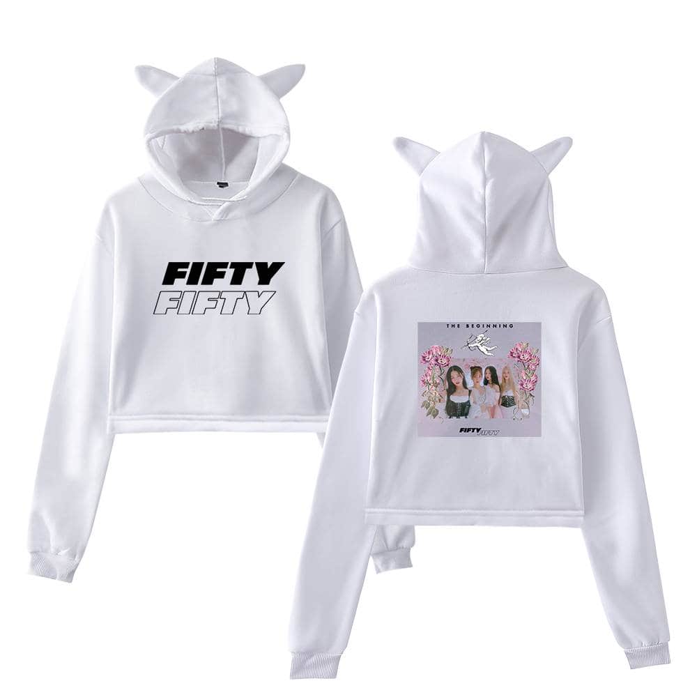 Fifty Fifty white hoodie with cute animal ears on the hood, featuring a graphic design on the front and back, creating a trendy and playful look for fans and casual wear.