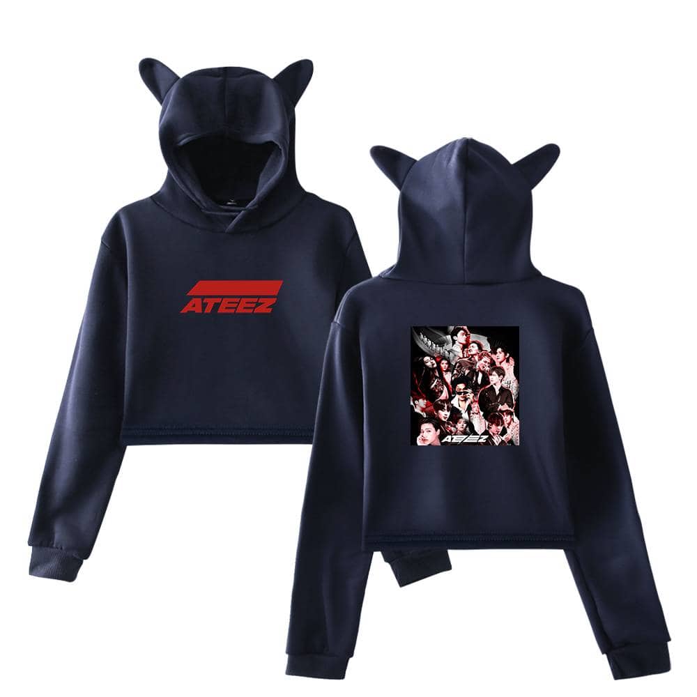 Comfy black hoodie with cute cat ears on the hood, featuring the ATEEZ logo on the front and a group photo on the back, perfect for K-pop fans and casual wear.