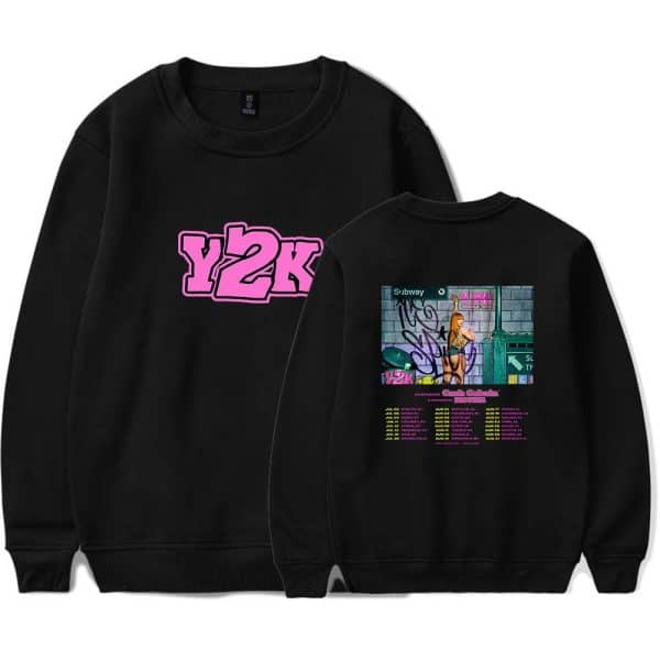 Y2K sweatshirt, black crewneck with large pink Y2K logo front and cyberpunk inspired graphic back, featuring a street scene with graffiti and a woman. Ideal for retro fashion and streetwear enthusiasts.