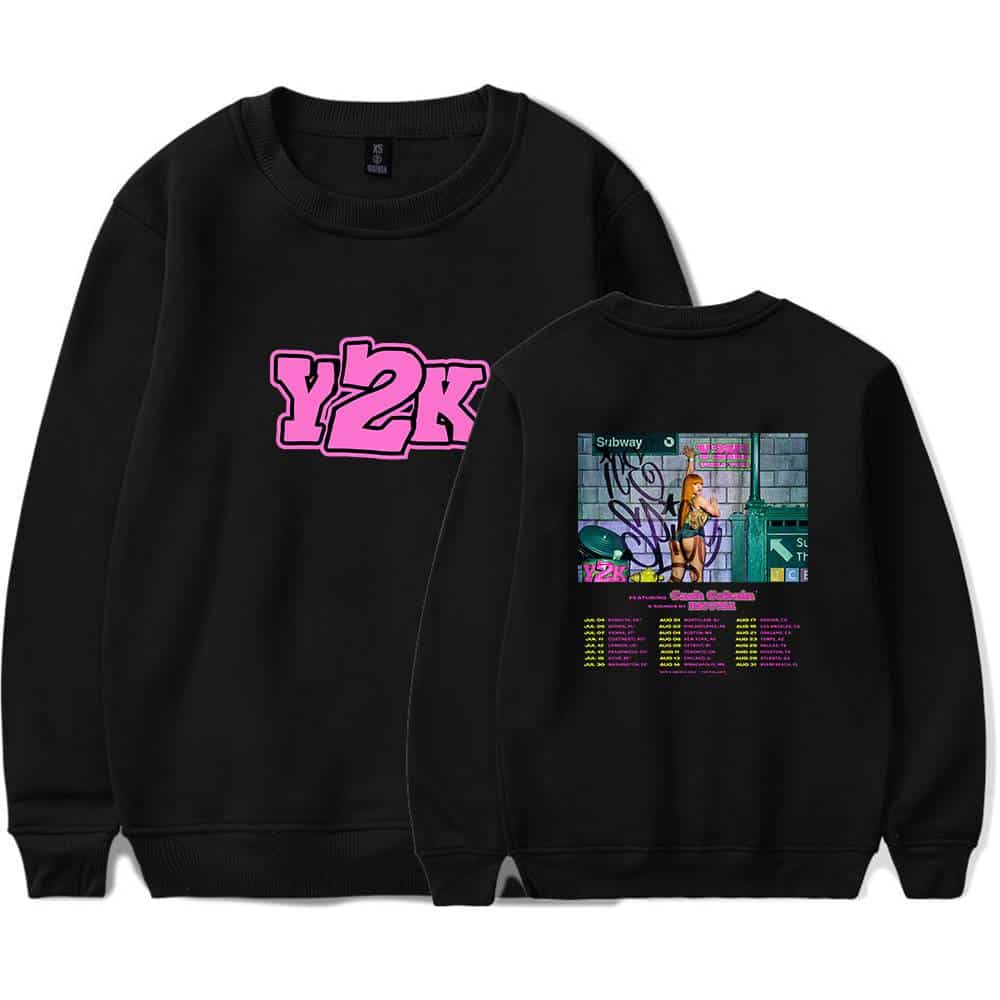 Y2K sweatshirt, black crewneck with large pink Y2K logo front and cyberpunk inspired graphic back, featuring a street scene with graffiti and a woman. Ideal for retro fashion and streetwear enthusiasts.