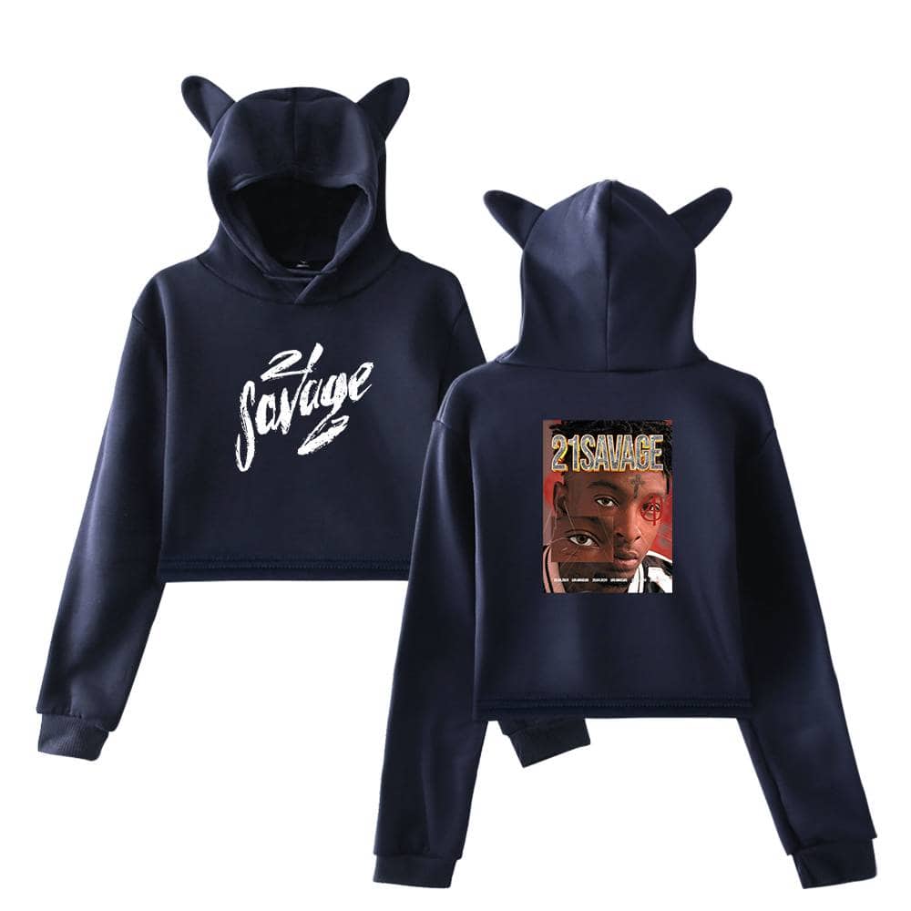 21 Savage hoodie for kids with a fun animal ear hood design and a bold graphic print on the back. Perfect for stylish children who love hip-hop and streetwear fashion.