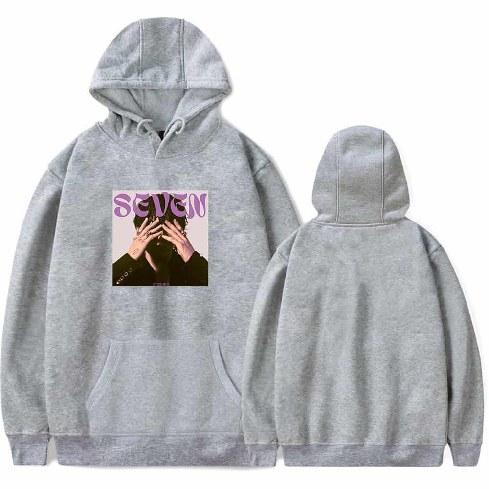Grey hoodie with sublimated graphic print featuring a person with hands covering their face and the word "SEVEN" in purple above the image.