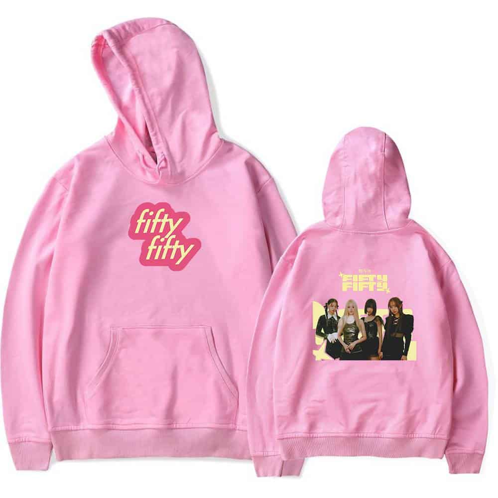 Fifty fifty hoodie with band logo and group photo printed on the back in pink color.