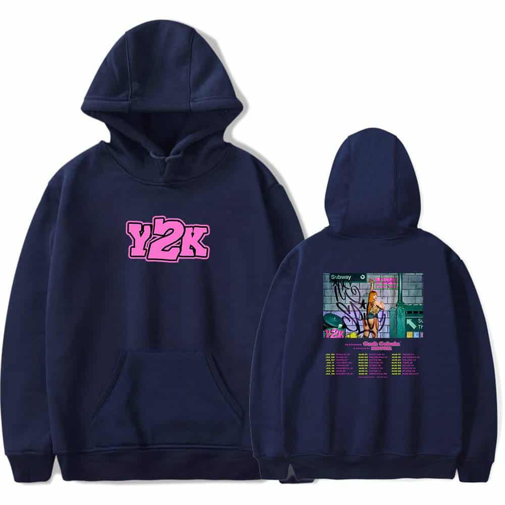Y2K hoodie with graffiti art design, featuring a neon pink logo and urban street style, perfect for fashionable casual wear.