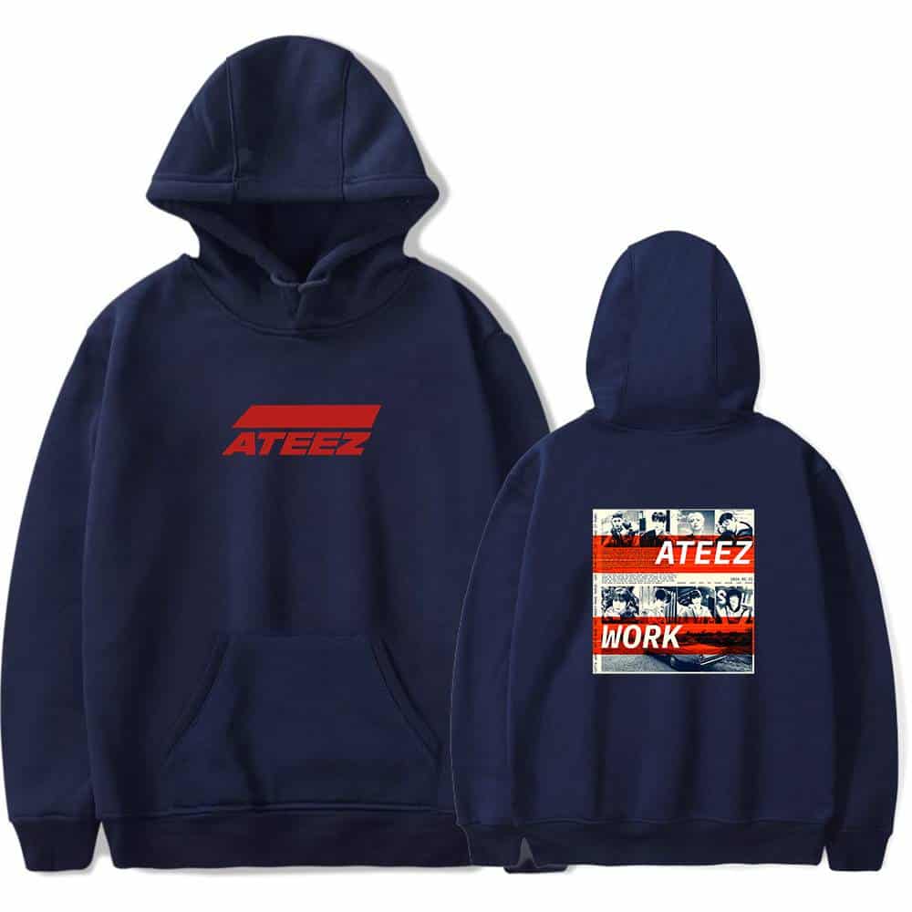 Ateez hoodie with bold red logo on the front and themed graphic on the back featuring the group members and text "Work." Perfect merch for fans to showcase their support and style. Made of comfortable fabric.