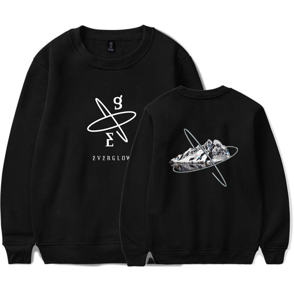 Black sweatshirt with space-themed design, featuring a mountain and planetary orbit graphic, and the logo "EVERGLOW". Perfect for casual wear and fans of celestial and mountain motifs. Great merchandise for trendy, sci-fi inspired fashion.