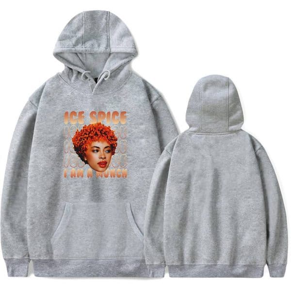 Youth-sized gray hoodie featuring a vibrant graphic of a woman with curly hair and the text "Ice Spice I Am A Munch." Comfortable, stylish, perfect for fans of music merchandise.