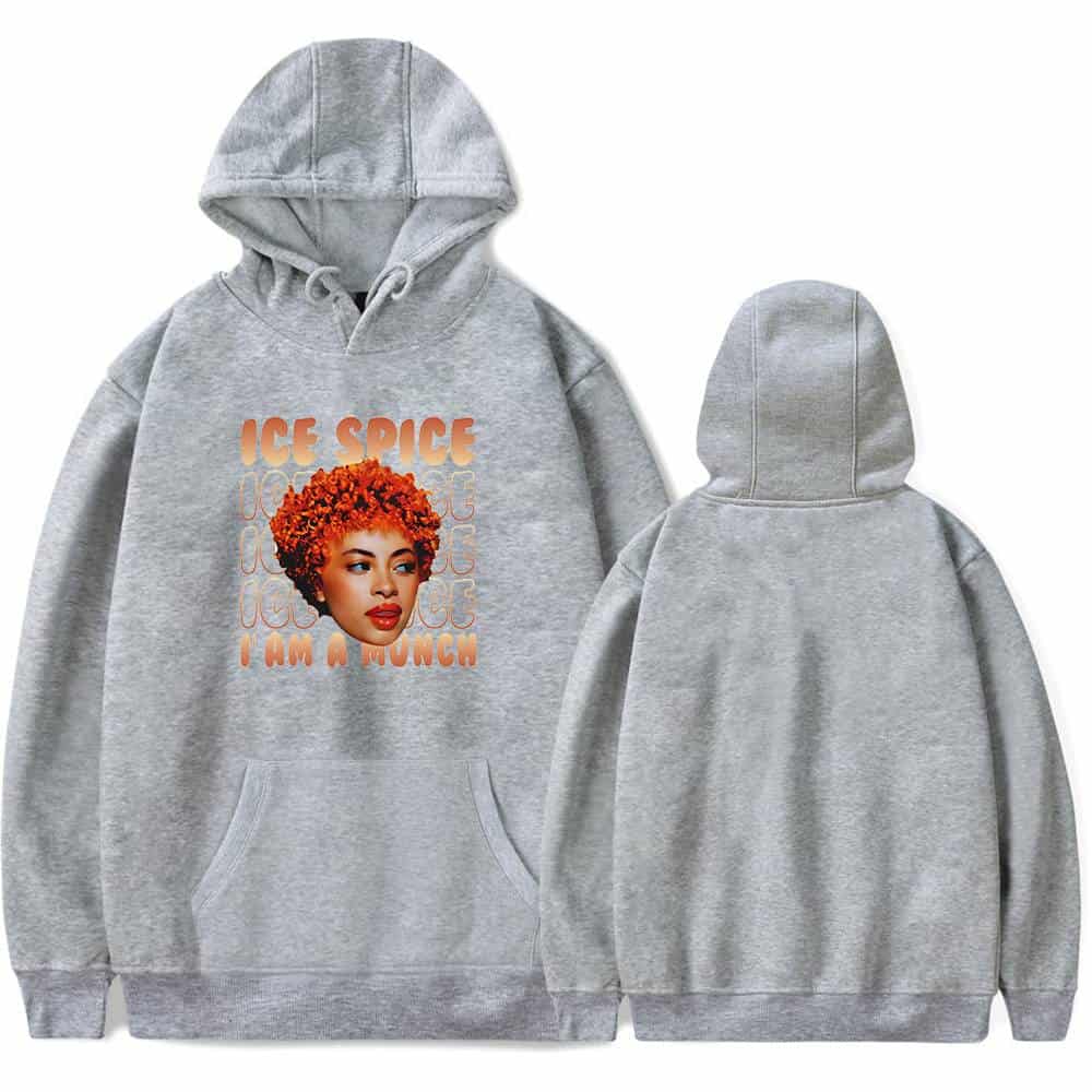 Youth-sized gray hoodie featuring a vibrant graphic of a woman with curly hair and the text "Ice Spice I Am A Munch." Comfortable, stylish, perfect for fans of music merchandise.