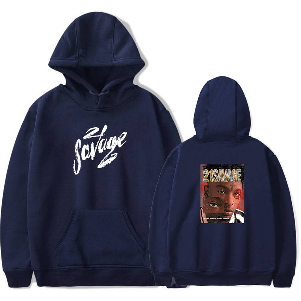 21 Savage hoodie with front logo and back album cover design, navy blue, casual streetwear merchandise.