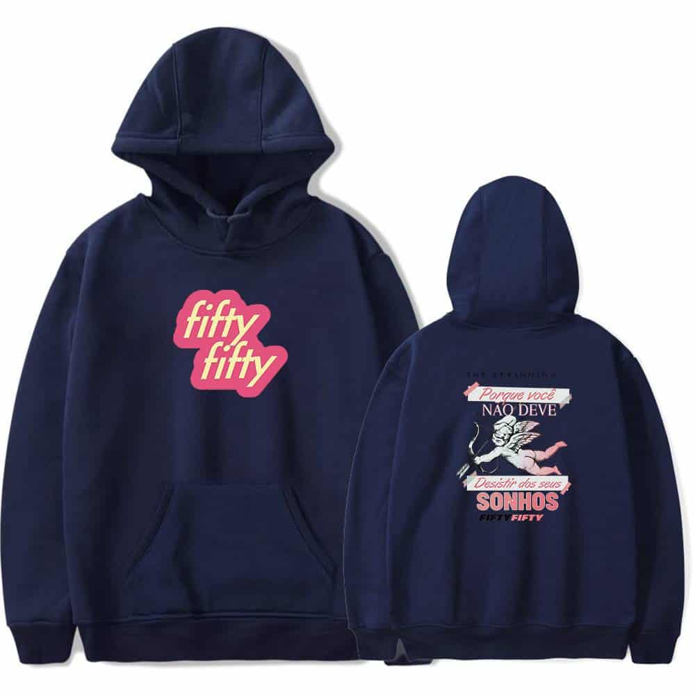 Fifty fifty hoodie with graphic design in pink and white, featuring a fairy and motivational Portuguese quote, perfect for fans of unique streetwear style.