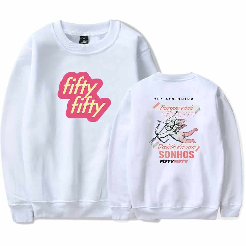 Fifty fifty sweatshirt with pink logo and angel graphic on the back, casual oversized crewneck in white unisex merch.