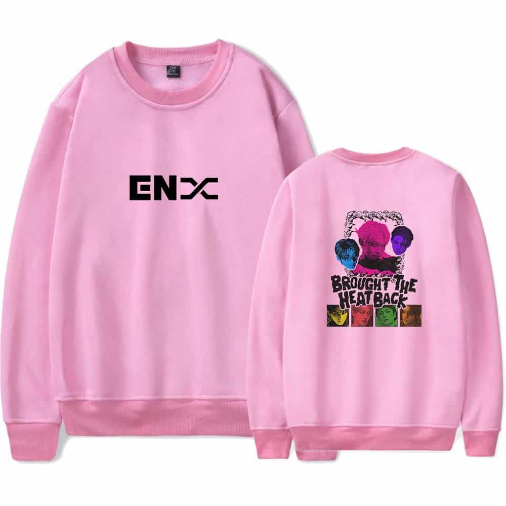 Black and pink graphic sweatshirts, streetwear, trendy unisex apparel, casual fashion, ENX logo and artistic design, suitable for music festivals, concerts, or everyday wear, comfortable and stylish merchandise for fans.
