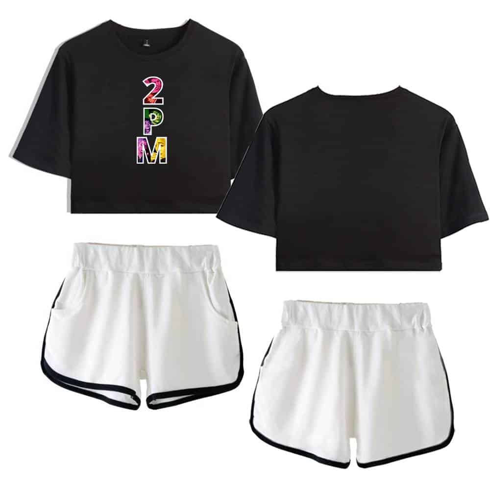 2. Colorful "2PM" text graphic matching a sporty crop top and running shorts set.