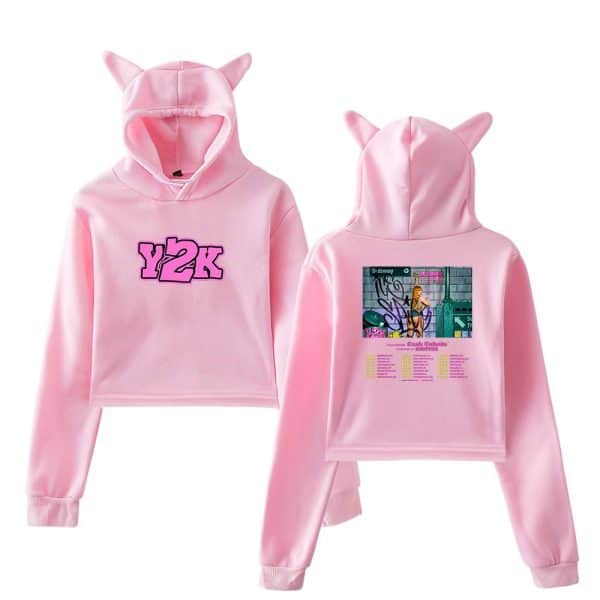 Y2k pink hoodie with cat ears and graffiti graphic, streetwear fashion sweatshirt.