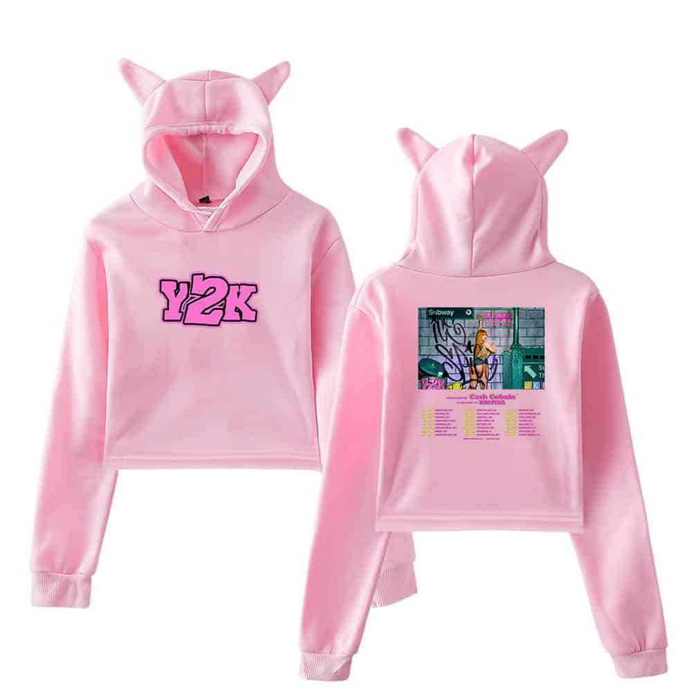 Y2k pink hoodie with cat ears and graffiti graphic, streetwear fashion sweatshirt.