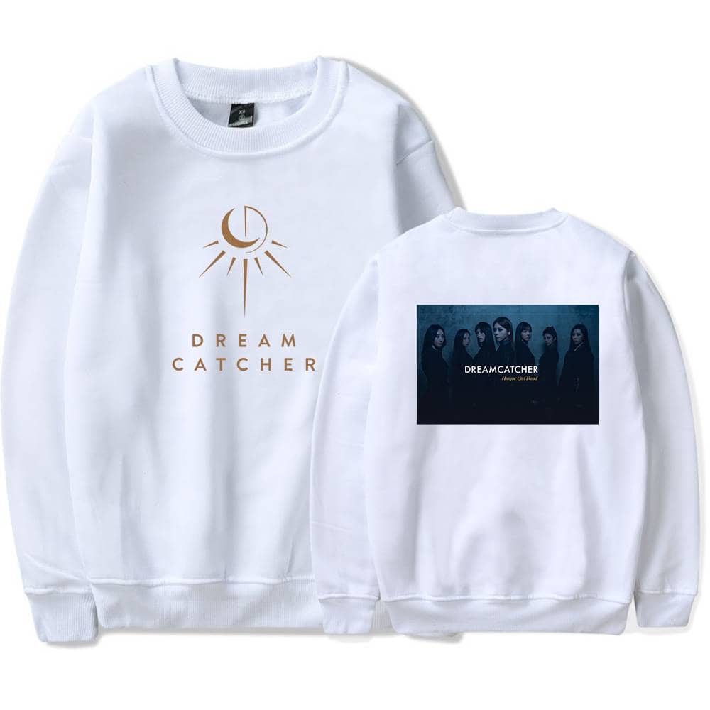 Dream catcher white sweatshirt with minimal moon and sun design on front and group photo on back, perfect for fans of cozy, stylish merchandise.