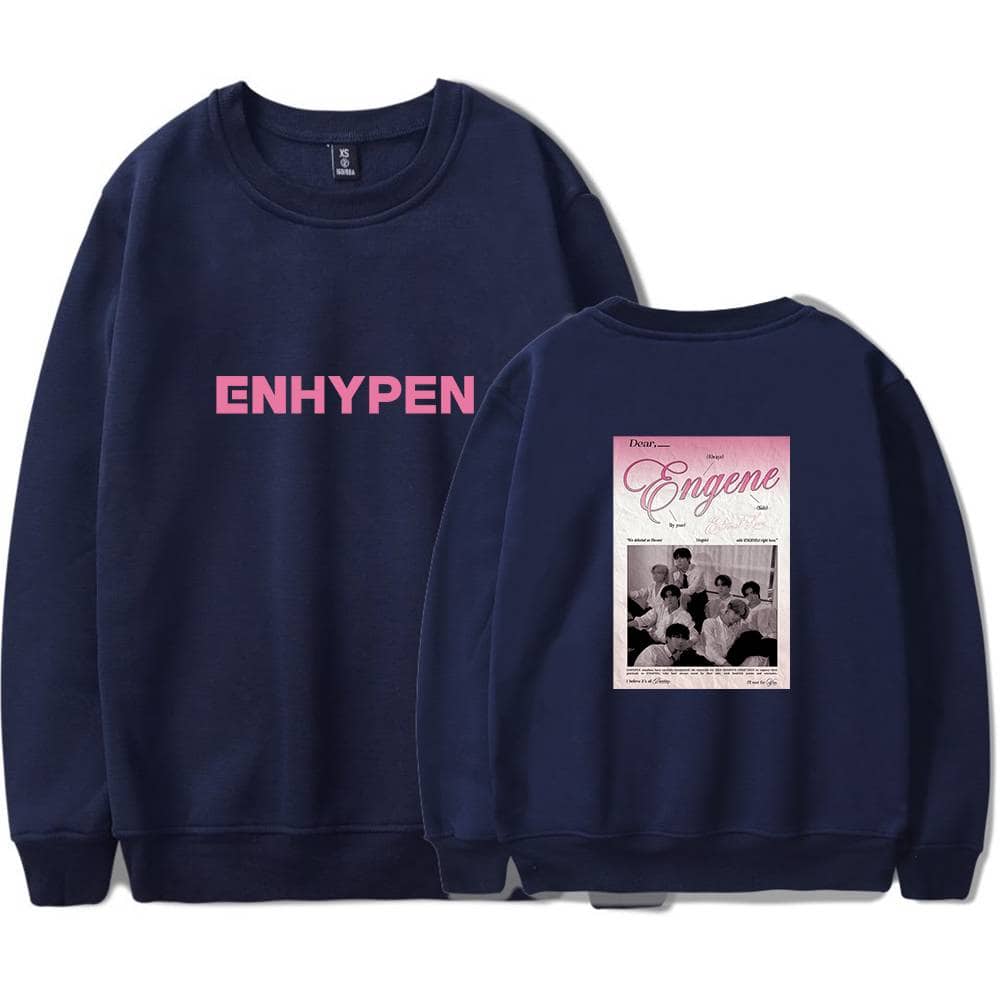 ENHYPEN sweatshirt with front text and back graphic design, navy blue color, casual streetwear style.