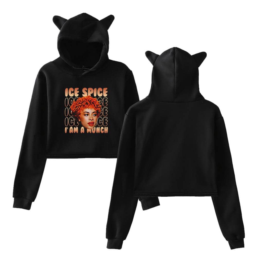 ICE SPICE hoodie with a vibrant graphic of the artist and playful text, featuring bear ear details in the hood for a cute, trendy look. Perfect for fans and streetwear fashion.