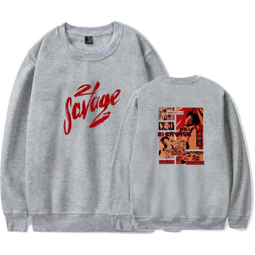 Savage sweatshirt with bold red text and retro Japanese manga-inspired graphic art print merchandise.
