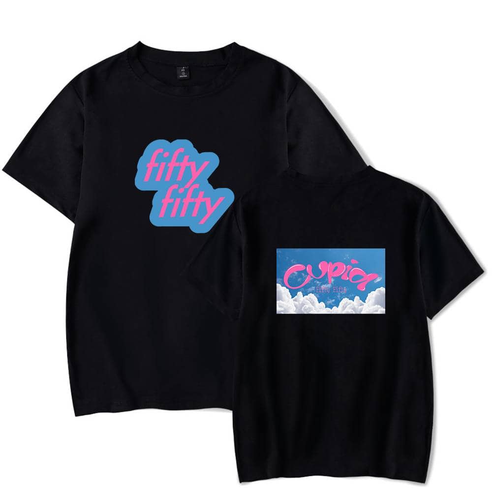 Fifty fifty t-shirt with colorful graphic design, playful text, and cloud illustration, perfect for casual merch.