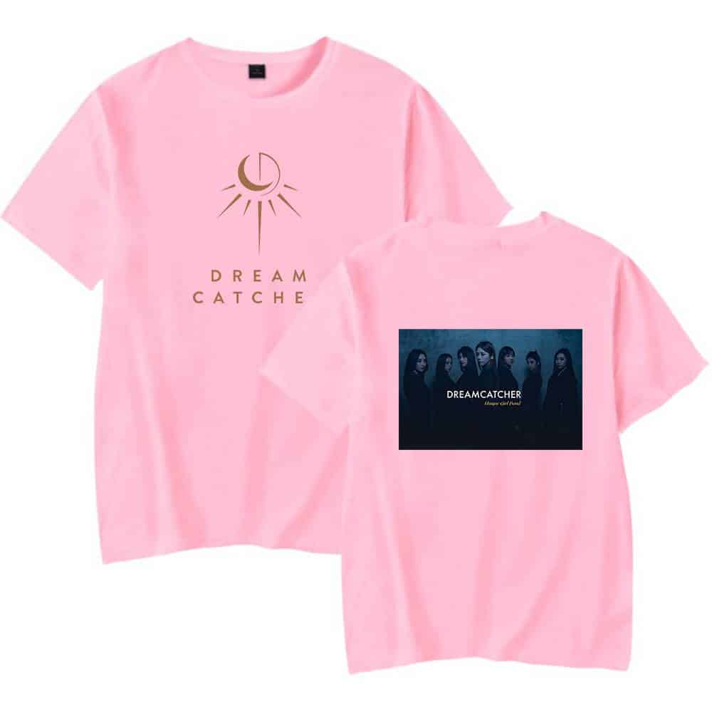 Dream catchers pink graphic t-shirt, women's casual clothing with celestial moon design, perfect for boho style and comfortable everyday wear, inspired by the K-pop girl group Dreamcatcher merch.