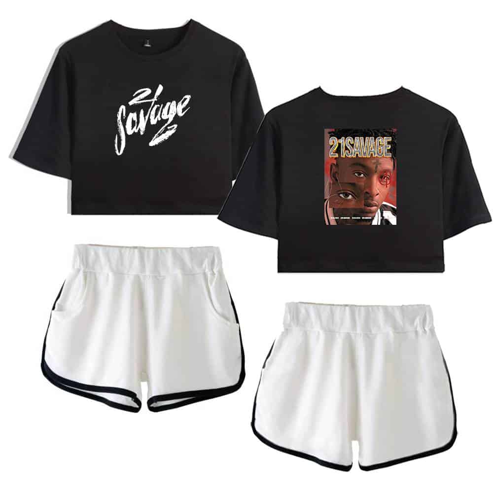 Savage crop top and shorts women’s athletic set featuring a black short-sleeve top with “savage” text and a graphic tee with a portrait, paired with white shorts with black trim, perfect for casual or athletic wear.