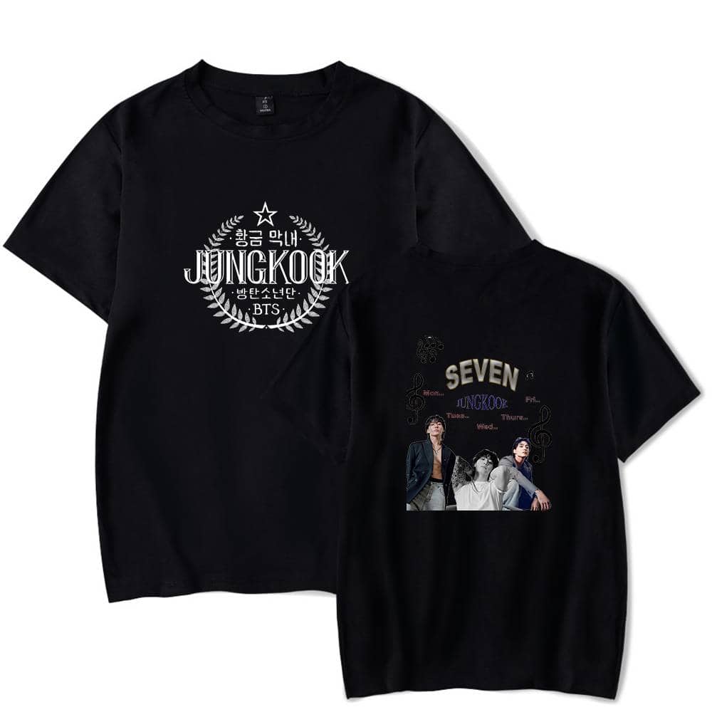 Jungkook BTS merchandise t-shirts with graphic designs, perfect for fans of the K-pop group. Stylish black shirts featuring images and text celebrating Jungkook and BTS. Great for casual wear or collectibles.